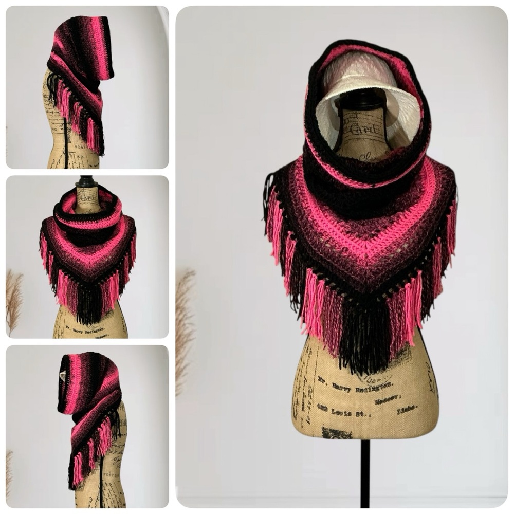 Handcrafted Crochet Hooded Scarf With Fringe New One Size Adult
